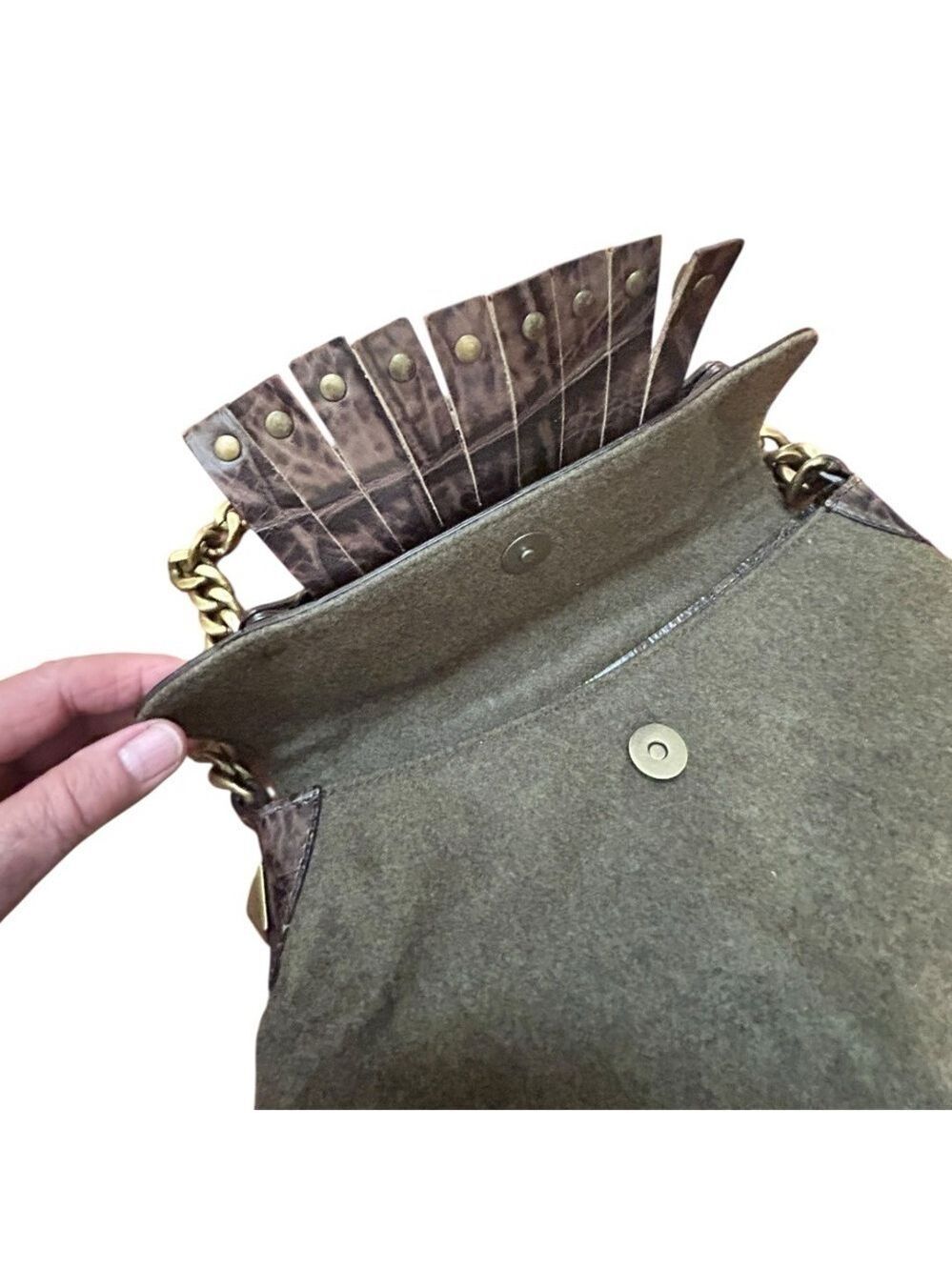 MICHAEL KORS Studs Chains Leather Fringe Vintage Army Green Wool Shoulder Bag EC - Picture 4 of 8